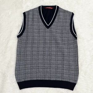Men Woollen Art V Neck Sweater Vest in Navy Blue Large